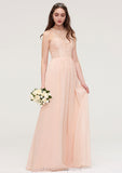 Bateau Sleeveless Long/Floor-Length Chiffon A-line/Princess Bridesmaid Dresses With Lace Pleated Belinda STIP0025464