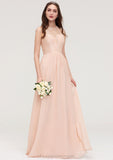 Bateau Sleeveless Long/Floor-Length Chiffon A-line/Princess Bridesmaid Dresses With Lace Pleated Belinda STIP0025464