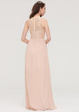 Bateau Sleeveless Long/Floor-Length Chiffon A-line/Princess Bridesmaid Dresses With Lace Pleated Belinda STIP0025464