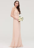 Bateau Sleeveless Long/Floor-Length Chiffon A-line/Princess Bridesmaid Dresses With Lace Pleated Belinda STIP0025464