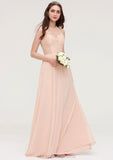 Bateau Sleeveless Long/Floor-Length Chiffon A-line/Princess Bridesmaid Dresses With Lace Pleated Belinda STIP0025464