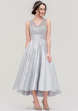 Sleeveless V Neck Asymmetrical Satin A-line/Princess Bridesmaid Dresses With Pleated Lace Kassidy STIP0025468