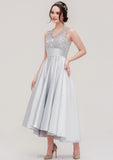 Sleeveless V Neck Asymmetrical Satin A-line/Princess Bridesmaid Dresses With Pleated Lace Kassidy STIP0025468