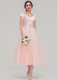 Sweetheart Short Sleeve Tea-Length Tulle A-line/Princess Bridesmaid Dresses With Waistband Beading Pleated Tanya STIP0025473