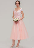 Sweetheart Short Sleeve Tea-Length Tulle A-line/Princess Bridesmaid Dresses With Waistband Beading Pleated Tanya STIP0025473