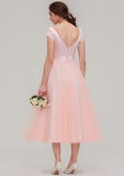 Sweetheart Short Sleeve Tea-Length Tulle A-line/Princess Bridesmaid Dresses With Waistband Beading Pleated Tanya STIP0025473