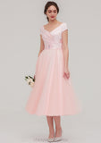 Sweetheart Short Sleeve Tea-Length Tulle A-line/Princess Bridesmaid Dresses With Waistband Beading Pleated Tanya STIP0025473