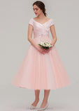 Sweetheart Short Sleeve Tea-Length Tulle A-line/Princess Bridesmaid Dresses With Waistband Beading Pleated Tanya STIP0025473