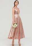 Bateau Sleeveless Tea-Length Sequined A-line/Princess Bridesmaid Dresses With Sashes Abril STIP0025474