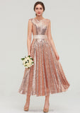 Bateau Sleeveless Tea-Length Sequined A-line/Princess Bridesmaid Dresses With Sashes Abril STIP0025474