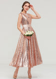 Bateau Sleeveless Tea-Length Sequined A-line/Princess Bridesmaid Dresses With Sashes Abril STIP0025474