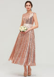 Bateau Sleeveless Tea-Length Sequined A-line/Princess Bridesmaid Dresses With Sashes Abril STIP0025474