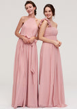 Sleeveless Scoop Neck A-line/Princess Chiffon Long/Floor-Length Bridesmaid Dresseses With Pleated Sashes Gladys STIP0025476