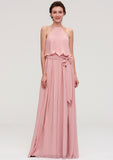 Sleeveless Scoop Neck A-line/Princess Chiffon Long/Floor-Length Bridesmaid Dresseses With Pleated Sashes Gladys STIP0025476