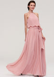 Sleeveless Scoop Neck A-line/Princess Chiffon Long/Floor-Length Bridesmaid Dresseses With Pleated Sashes Gladys STIP0025476