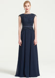 Bateau Sleeveless A-line/Princess Chiffon Long/Floor-Length Bridesmaid Dresses With Sashes Lace Pleated Meadow STIP0025480