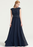 Bateau Sleeveless A-line/Princess Chiffon Long/Floor-Length Bridesmaid Dresses With Sashes Lace Pleated Meadow STIP0025480