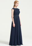 Bateau Sleeveless A-line/Princess Chiffon Long/Floor-Length Bridesmaid Dresses With Sashes Lace Pleated Meadow STIP0025480