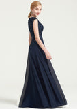 Bateau Sleeveless A-line/Princess Chiffon Long/Floor-Length Bridesmaid Dresses With Sashes Lace Pleated Meadow STIP0025480