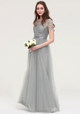 Bateau Short Sleeve Long/Floor-Length Tulle A-line/Princess Bridesmaid Dresses With Sashes Lace Zaniyah STIP0025482