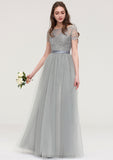 Bateau Short Sleeve Long/Floor-Length Tulle A-line/Princess Bridesmaid Dresses With Sashes Lace Zaniyah STIP0025482