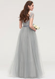 Bateau Short Sleeve Long/Floor-Length Tulle A-line/Princess Bridesmaid Dresses With Sashes Lace Zaniyah STIP0025482