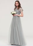 Bateau Short Sleeve Long/Floor-Length Tulle A-line/Princess Bridesmaid Dresses With Sashes Lace Zaniyah STIP0025482