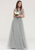 Bateau Short Sleeve Long/Floor-Length Tulle A-line/Princess Bridesmaid Dresses With Sashes Lace Zaniyah STIP0025482