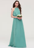 High-Neck Sleeveless Long/Floor-Length Chiffon A-line/Princess Bridesmaid Dresses With Sashes Emery STIP0025485