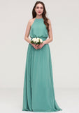 High-Neck Sleeveless Long/Floor-Length Chiffon A-line/Princess Bridesmaid Dresses With Sashes Emery STIP0025485