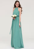 High-Neck Sleeveless Long/Floor-Length Chiffon A-line/Princess Bridesmaid Dresses With Sashes Emery STIP0025485