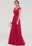 Sleeveless V Neck Long/Floor-Length Chiffon A-line/Princess Bridesmaid Dresses With Lace Pleated Helena STIP0025486