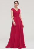 Sleeveless V Neck Long/Floor-Length Chiffon A-line/Princess Bridesmaid Dresses With Lace Pleated Helena STIP0025486