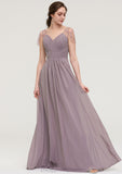 Short Sleeve Sweetheart Long/Floor-Length Chiffon A-line/Princess Bridesmaid Dresses With Pleated Beading Leila STIP0025487