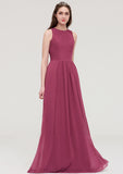 Bateau Sleeveless Long/Floor-Length Chiffon A-line/Princess Bridesmaid Dresses With Lace Pleated Aliza STIP0025488