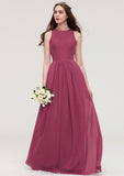 Bateau Sleeveless Long/Floor-Length Chiffon A-line/Princess Bridesmaid Dresses With Lace Pleated Aliza STIP0025488