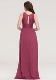 Bateau Sleeveless Long/Floor-Length Chiffon A-line/Princess Bridesmaid Dresses With Lace Pleated Aliza STIP0025488