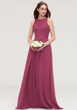 Bateau Sleeveless Long/Floor-Length Chiffon A-line/Princess Bridesmaid Dresses With Lace Pleated Aliza STIP0025488