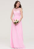 Bateau Sleeveless Long/Floor-Length Chiffon A-line/Princess Bridesmaid Dresses With Lace Kristin STIP0025489