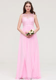 Bateau Sleeveless Long/Floor-Length Chiffon A-line/Princess Bridesmaid Dresses With Lace Kristin STIP0025489