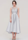 Bateau Sleeveless Tea-Length Satin A-line/Princess Bridesmaid Dresses With Sashes Lace Genesis STIP0025495