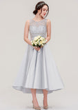 Bateau Sleeveless Tea-Length Satin A-line/Princess Bridesmaid Dresses With Sashes Lace Genesis STIP0025495