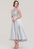 Bateau Sleeveless Tea-Length Satin A-line/Princess Bridesmaid Dresses With Sashes Lace Genesis STIP0025495