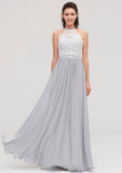 Sleeveless Scoop Neck A-line/Princess Chiffon Long/Floor-Length Bridesmaid Dresseses With Lace Elva STIP0025497