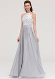 Sleeveless Scoop Neck A-line/Princess Chiffon Long/Floor-Length Bridesmaid Dresseses With Lace Elva STIP0025497