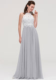 Sleeveless Scoop Neck A-line/Princess Chiffon Long/Floor-Length Bridesmaid Dresseses With Lace Elva STIP0025497