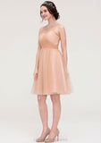 Bateau Sleeveless A-line/Princess Tulle Knee-Length Bridesmaid Dresses With Pleated Beading Isis STIP0025498