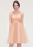 Bateau Sleeveless A-line/Princess Tulle Knee-Length Bridesmaid Dresses With Pleated Beading Isis STIP0025498