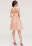 Bateau Sleeveless A-line/Princess Tulle Knee-Length Bridesmaid Dresses With Pleated Beading Isis STIP0025498