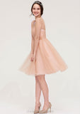 Bateau Sleeveless A-line/Princess Tulle Knee-Length Bridesmaid Dresses With Pleated Beading Isis STIP0025498